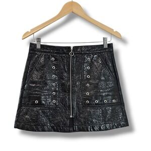 Pull&Bear Skirt M Black Faux Leather Grommet Front Zip Mini Punk Alt Grunge FLAW